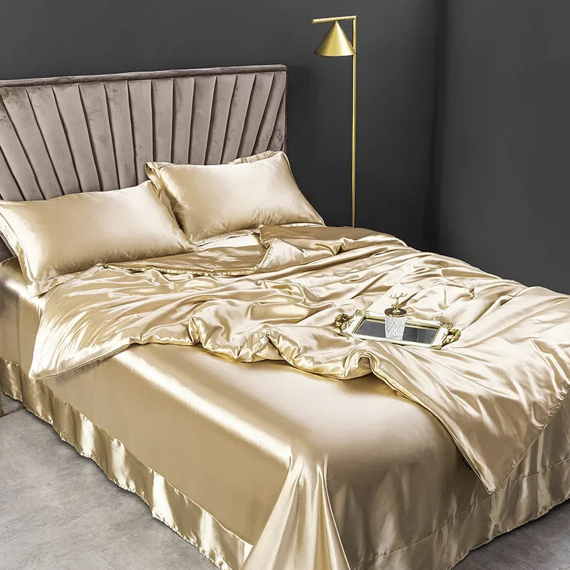 100% juegos de cama de seda pura, funda de edredón de alta gama, funda nórdica, sábanas, fundas de almohada, 4 Uds., juegos de ropa de cama de lujo Natural