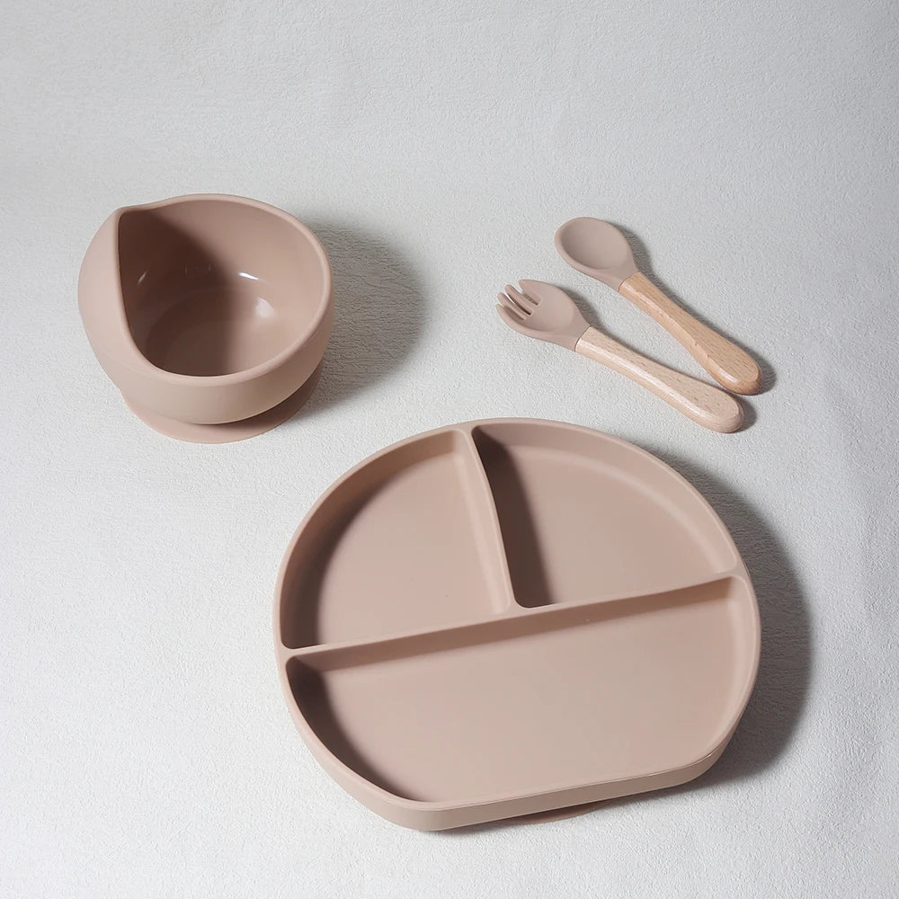 Juego de alimentación de bebé de 4 Uds., plato de succión y cuchara de silicona para bebé, juego de platos para niños, juego de vajilla de silicona para bebé