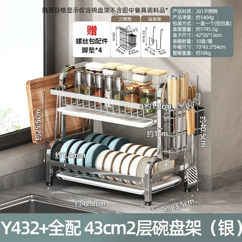 Estante para vajilla de 3 niveles, secado de platos de acero inoxidable 304 con bandeja, soporte de almacenamiento para mostrador de cocina con organizador de tabla de cortar