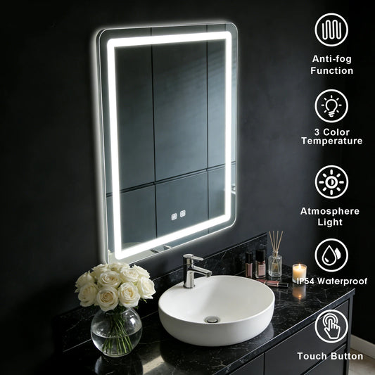 Espejo de Baño LED de 50x70cm con Luces Retroiluminadas, Espejo de Maquillaje Antivaho, Montado en la Pared con Desempañador