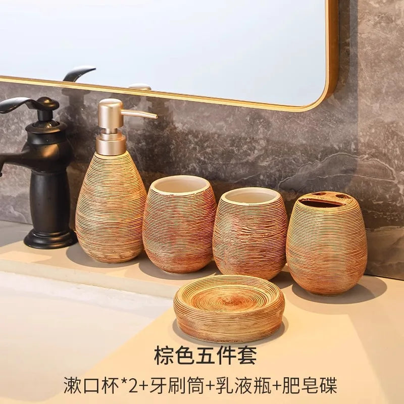 Juego de cerámica para baño, botella dispensadora de champú, jabonera, soportes para cepillos de dientes, taza de enjuague, accesorios de baño