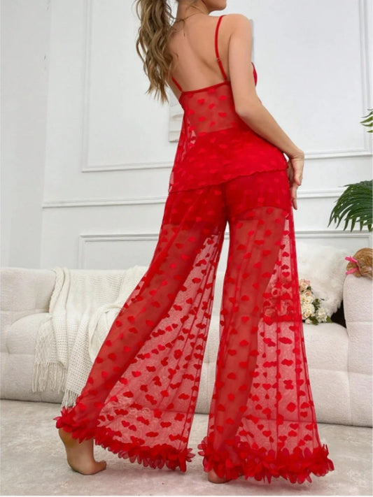 Conjunto de pijama Sexy para mujer, sujetador de tiras transparente con corazón de encaje de 2 piezas y pantalones largos, conjunto de lencería de encaje de pétalos, ropa de dormir Sexy