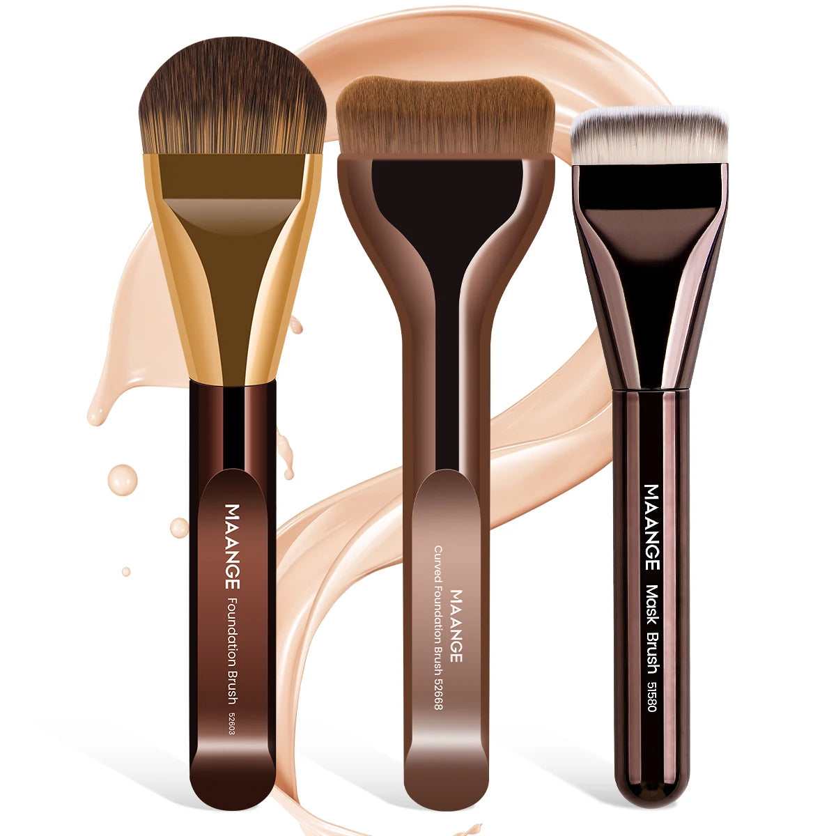 MAANGE Juego de 3 Brochas de Maquillaje con Tubo de Aluminio, Brocha para Base de Maquillaje, Brocha Delgada para Base, Brocha Kabuki, Herramientas de Maquillaje para Chicas