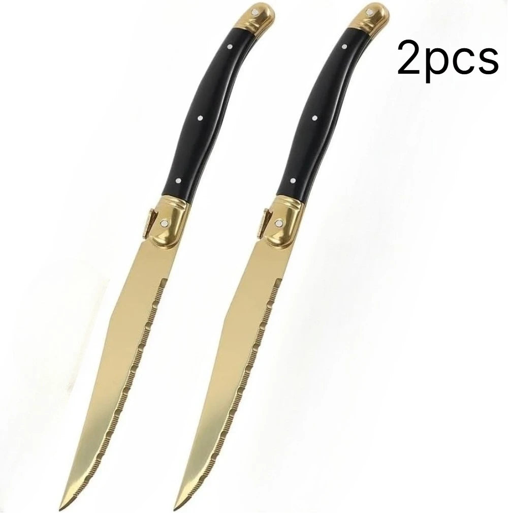Cuchillos para Carne, Recubiertos de Titanio Dorado, Acero Inoxidable Serrado, Mango Negro, Cuchillo de Cena Estilo Occidental para Cocina, Restaurante y Vajilla