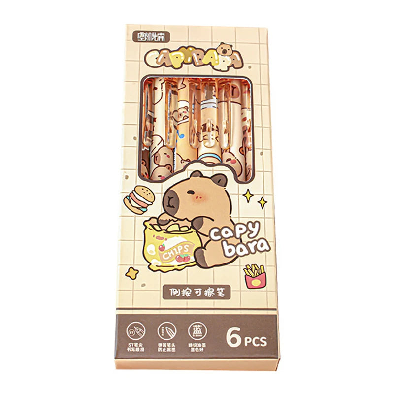 Lindos bolígrafos de gel Capybara: juego de bolígrafos borrables azules de secado rápido Kawaii de 6 piezas para oficina, escuela y papelería estética