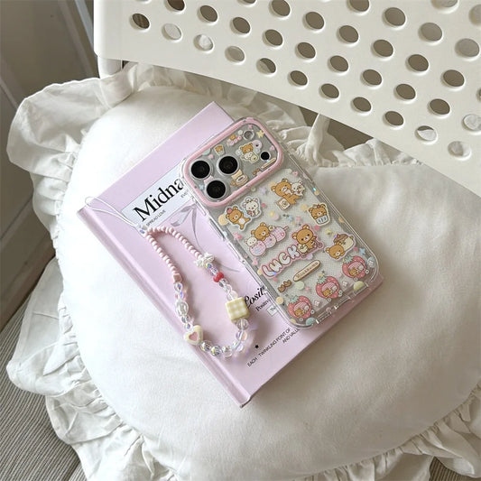 Funda de Teléfono con Diseño de Rilakkuma y Fresas para iPhone 17 Pro, 16 Pro Max, 15 Pro, con Cadena, Fundas Kawaii de Dibujos Animados, Antigolpes