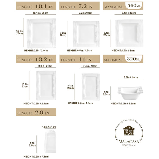 MALACASA Juego de vajilla cuadrada, platos y cuencos de porcelana blanca de 28 piezas, juego de cena para sal, pimienta, ensalada, Pasta