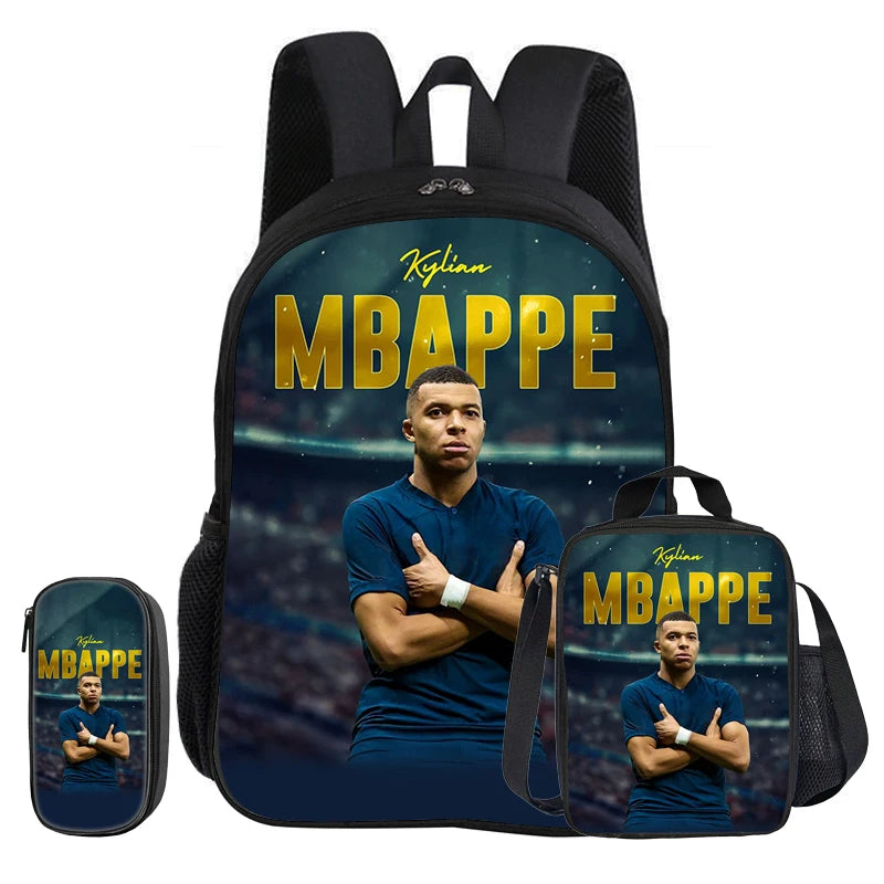 M-Mbappe-Juego de 3 piezas de mochila escolar con diseño de estrella de fútbol para niños, bolsa para lápices, mochila con bolsa para el almuerzo, mochila deportiva, regalo para niños
