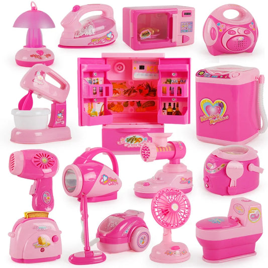 Casa de juegos de cocina simulada para niños, pequeños electrodomésticos, refrigerador, secador de pelo por microondas, máquina de café, hervidor eléctrico de juguete