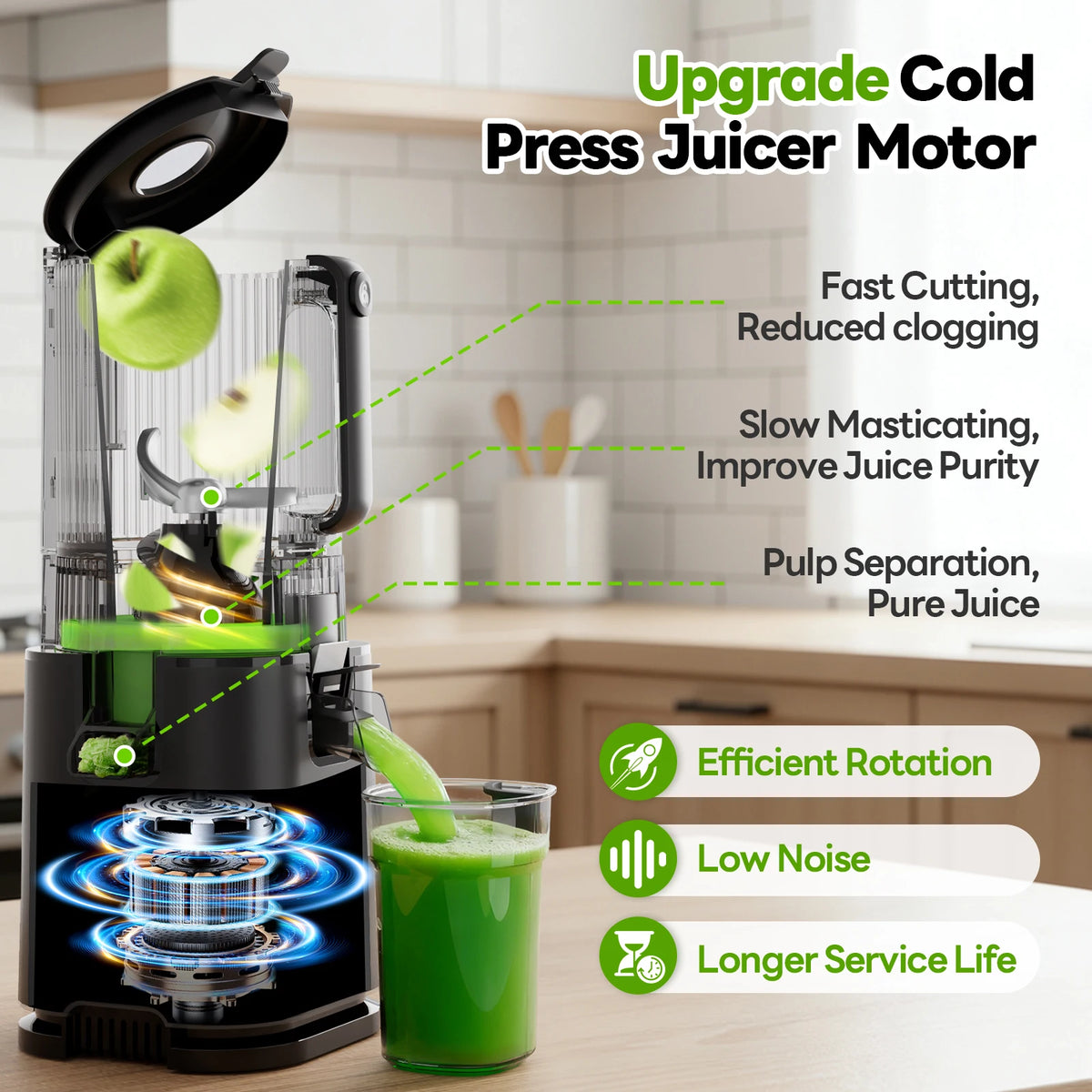 Extractor de Jugos Prensado en Frío con Boca Ancha de 6 Pulgadas, 3 Filtros para Jugos Lisos, Jugos con Pulpa y Sorbetes, Fácil de Limpiar