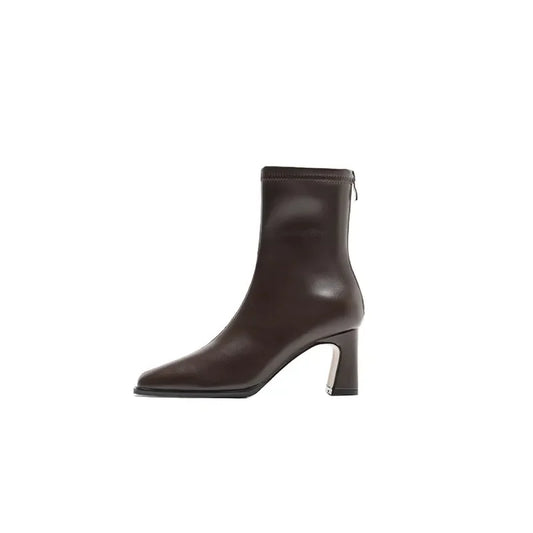 Botines cuadrados de otoño, cómodas botas de tacón alto de cuero suave, zapatos de mujer de temperamento Simple con cremallera a la moda