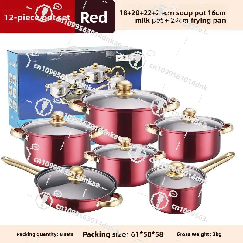 Juego de Ollas de Acero Inoxidable de 12 Piezas, Olla para Sopa, Sartén Antiadherente, Olla para Leche con Asa Dorada