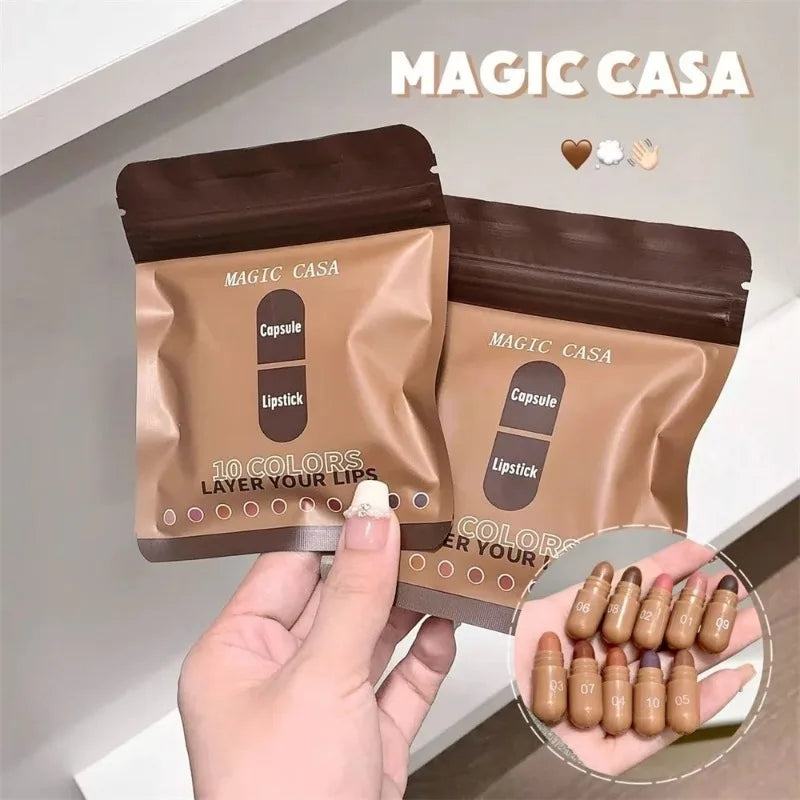  Set de 10 Labiales en Cápsula en Tonos Marrones, Acabado Mate y Suave Bálsamo Labial Mini de Larga Duración, Resistente a Manchas, Kit de Maquillaje Labial de Alta Pigmentación