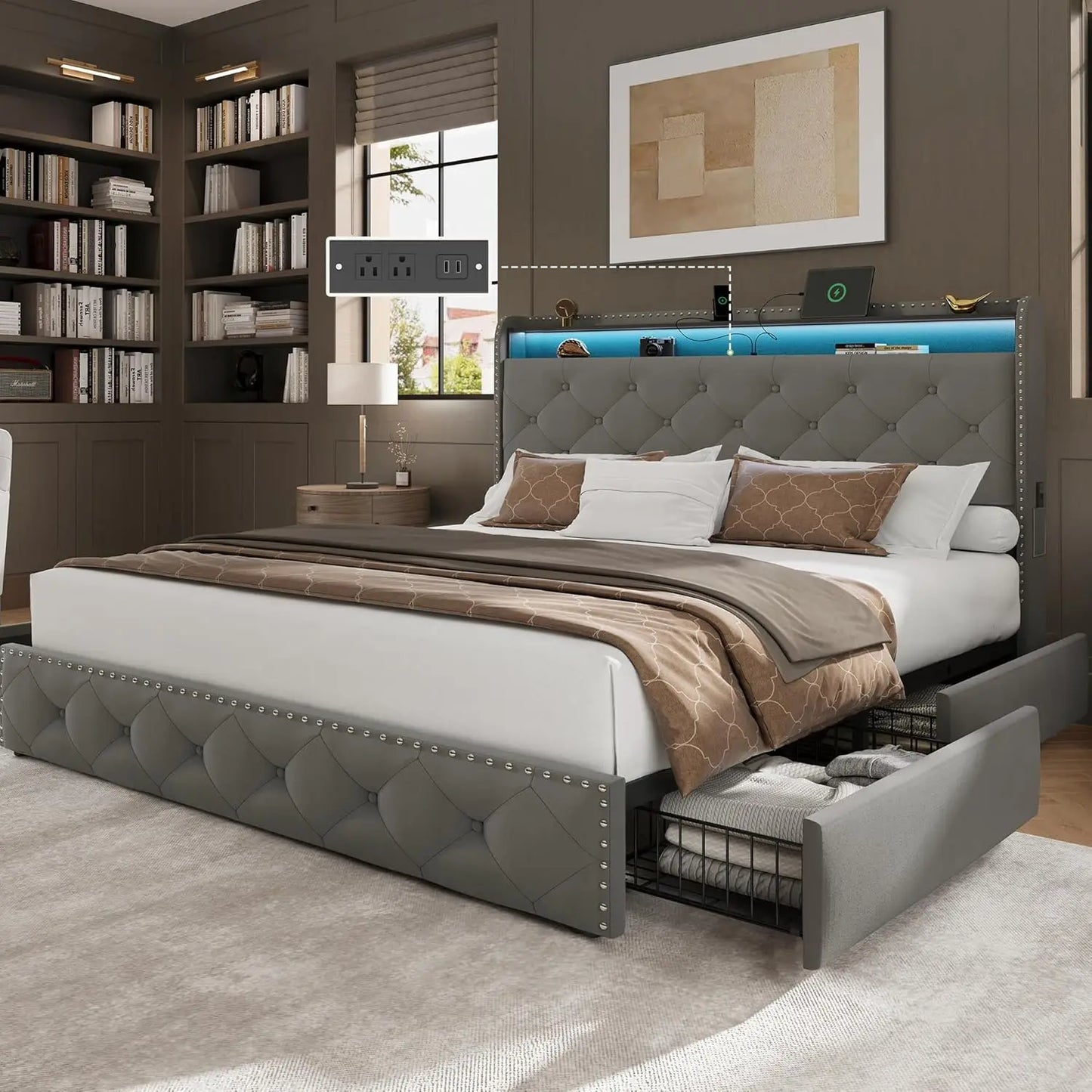 Base de Cama Queen Size con 4 Cajones de Almacenamiento y Estación de Carga, Base de Cama Tapizada en Terciopelo con LED, Personalizable
