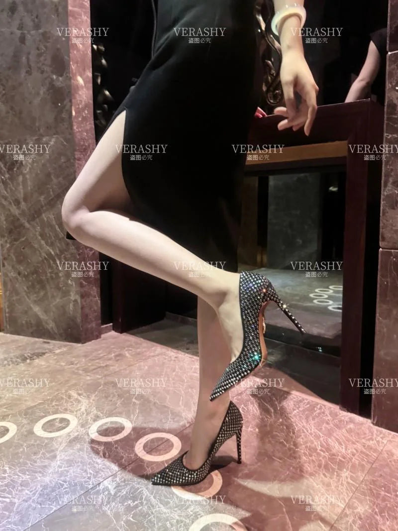 Tacones altos negros para mujer 2025, temperamento de alta gama con diamantes completos, tacón delgado de 10cm, zapato único con diamantes de imitación de lujo puntiagudos