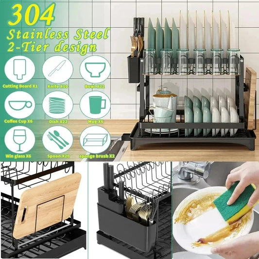 Escurridor de Platos Metálico de 2 Niveles para Encimera con Bandeja Recolectora, Organizador Diario de Cocina para el Hogar