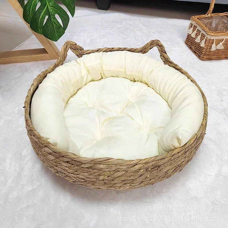 Cesta para gatos tejida de ratán con cojín suave, diseño de Donut redondo, nido para dormir cómodo y cálido para gatos y perros