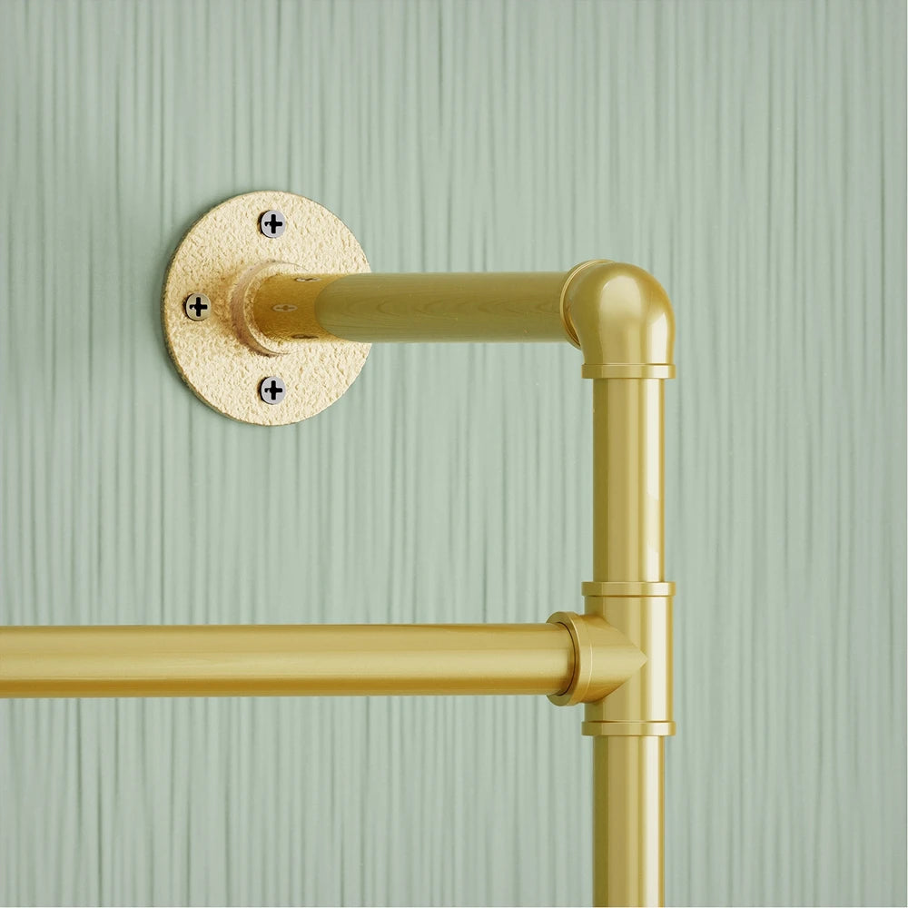 Perchero de pared para ropa, tubo industrial, dorado, con estantes de 3 niveles