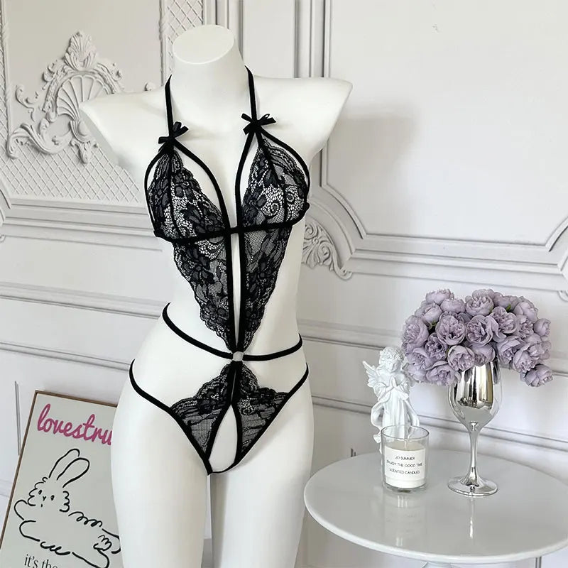 Ropa de pijama Sexy para mujer, conjuntos de lencería con escote en V profundo abierto, monos transparentes de encaje, vestidos Babydoll ahuecados sin entrepierna, medias