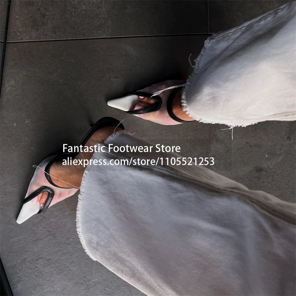 Mules de malla en blanco y negro con punta, tacón de aguja, estilo sexy, hechos a mano, zapatos de verano de tacón alto para mujer, color personalizado