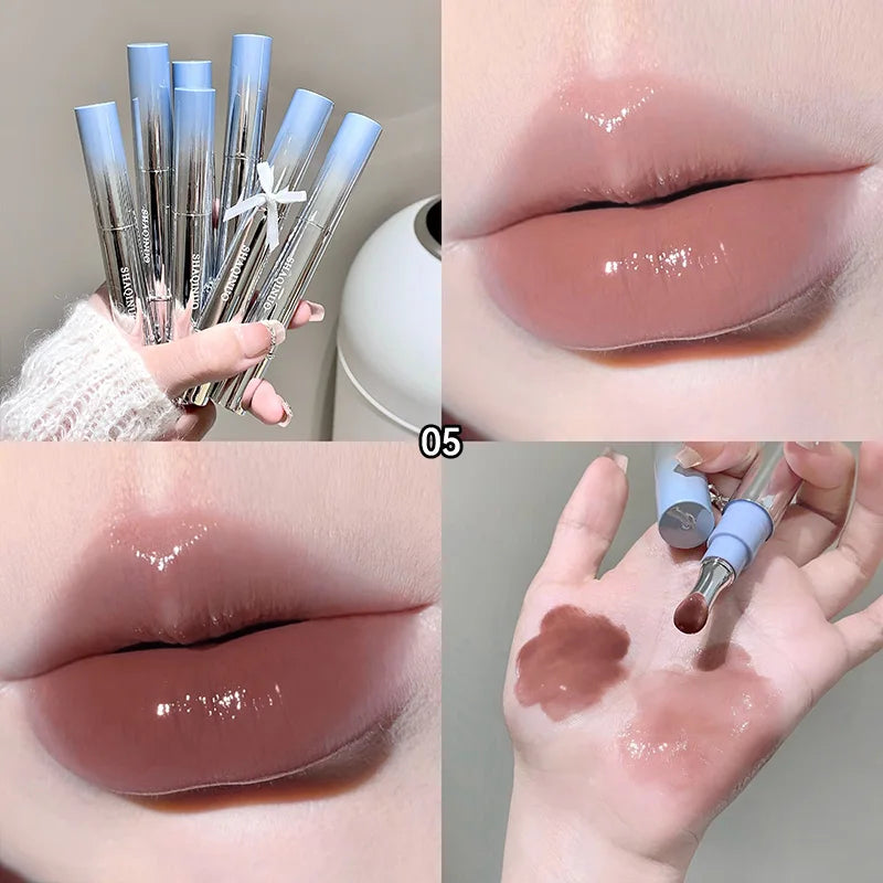 Brillo Labial con Esencia Acuosa de Espejo, Larga Duración, No Pegajoso, Voluminizador, Brillo Labial Líquido, Esmalte Labial en Gel, Maquillaje Hidratante, Tinte Labial
