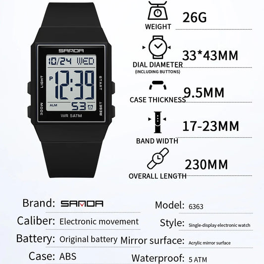 Relojes de Moda SANDA para Mujer, Reloj Deportivo con Correa de Silicona, Resistente al Agua 3ATM, Pantalla LED Digital, Regalo para Mujer