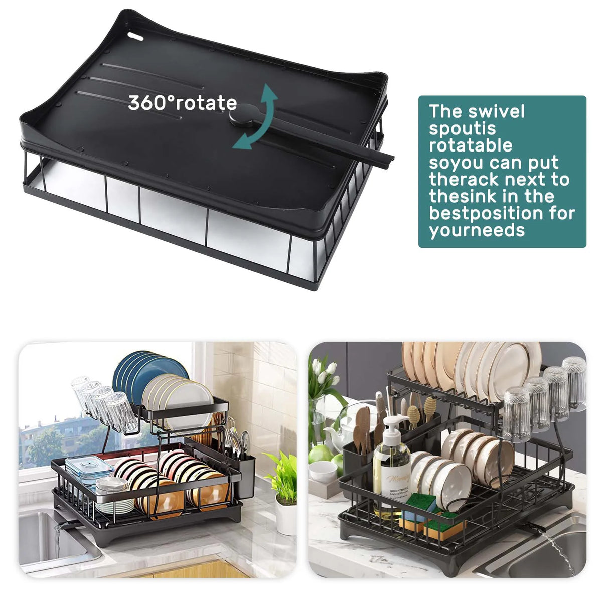 Escurridor de platos grande de 2 niveles para encimeras de cocina, escurridor de platos extraíble de gran capacidad