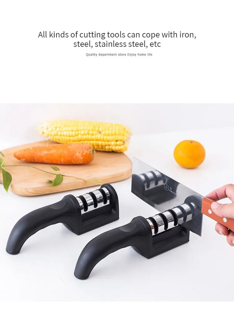 Afilador de cuchillos de tres segmentos para cocina, herramienta de cocina de piedra para afilar de tres usos, multifuncional, color negro, 1 ud.