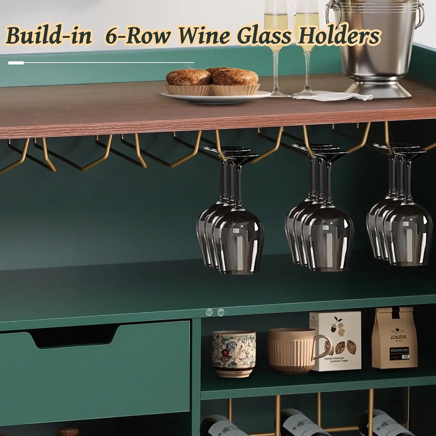 Mueble Bar para Café Verde, Mueble Buffet de 37 Pulgadas con Textura Acanalada, Mueble para Licores con Botelleros para el Hogar, Personalizable