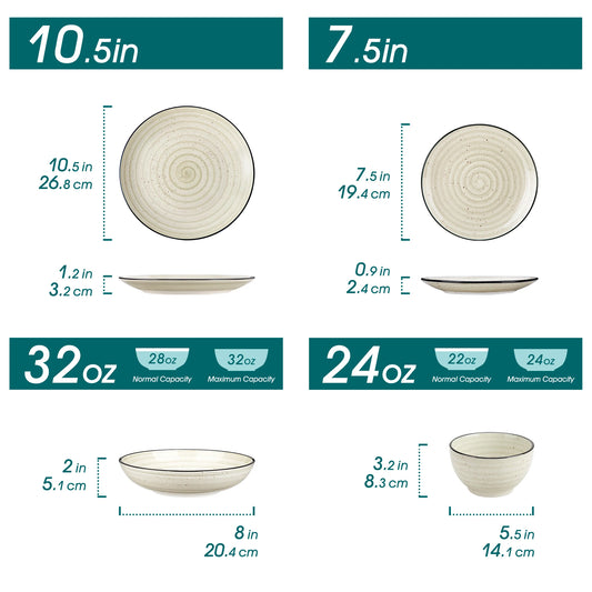 vancasso -Juego de vajilla de cerámica para cena, set de platos Beige pintados a mano en espiral con 6 platos de cena/postre/sopa/tazón, 24/48 piezas