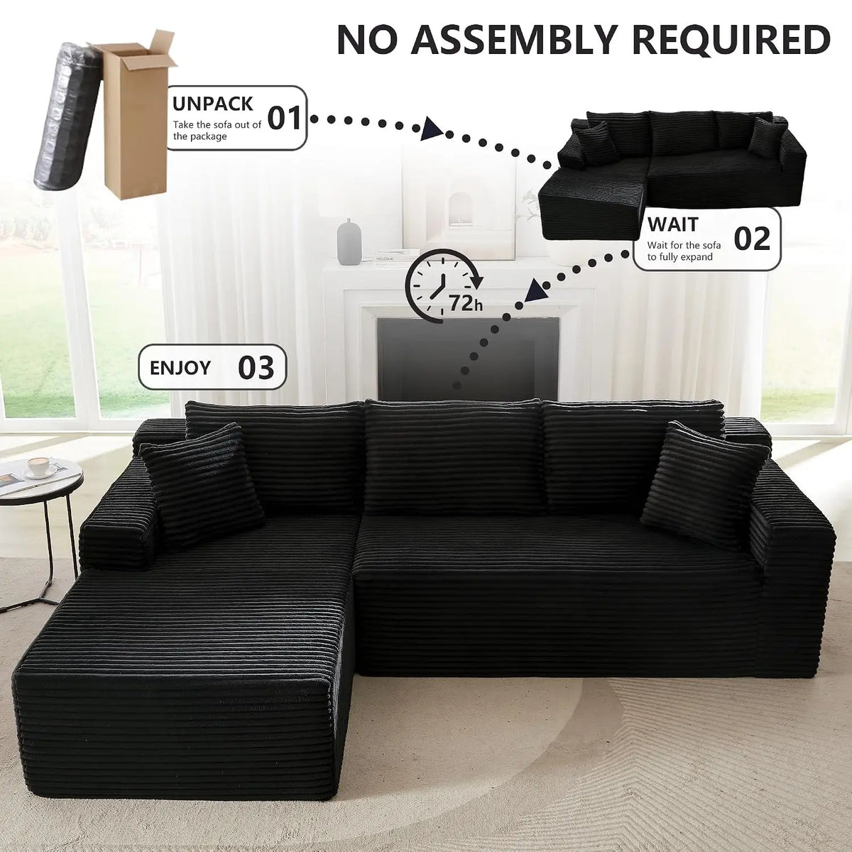 Sofá Modular de Corduroy Negro con Chaise Longue en Forma de L, Asiento Profundo con Espuma Comprimida, No Requiere Montaje, Personalizable