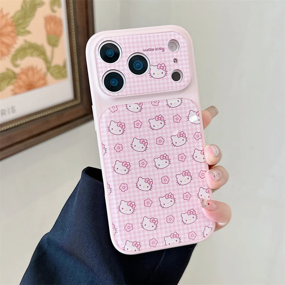 Funda Protectora Brillante con Diseño de Hello Kitty a Cuadros Rosados Estilo Coreano para iPhone 17, 16, 14, 13, 15 Pro, 17 Pro Max