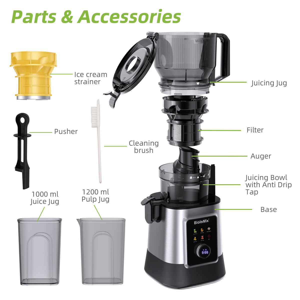 Extractor de Jugos Eléctrico Multifunción 3 en 1 BioloMix – Toma de Alimentación Ancha de 150 mm, Motor de 300 W con Pantalla Digital para Jugos Ricos en Nutrientes