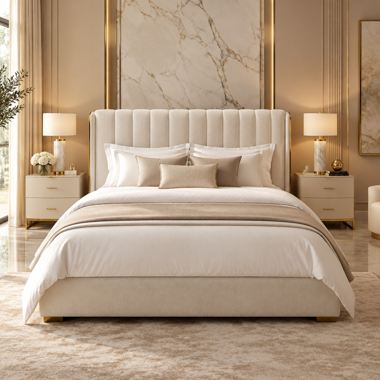 Cama elegante en dormitorio luminoso con detalles de mármol y dorado