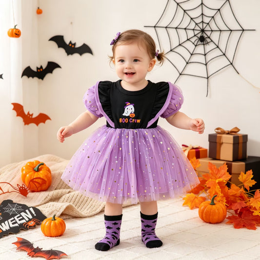 Baby Princess Dress Black and Purple Spliced Sequin Tulle Cartoon Halloween Mixed Batch Girls Short Sleeve Dress