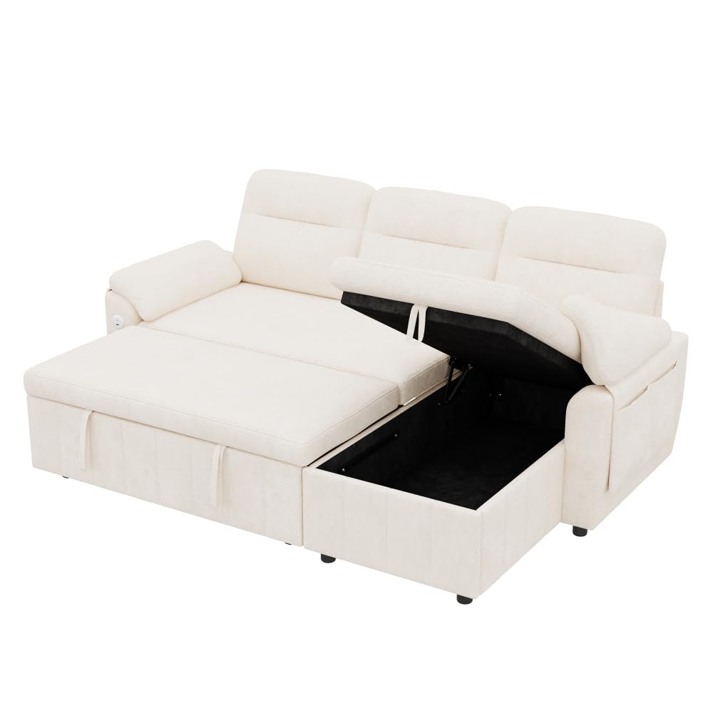 Bladez Sofá cama extensible en forma de L de lino con espacio de almacenamiento, soporte para bebidas, sofá modular de 3 plazas para salón (gris)