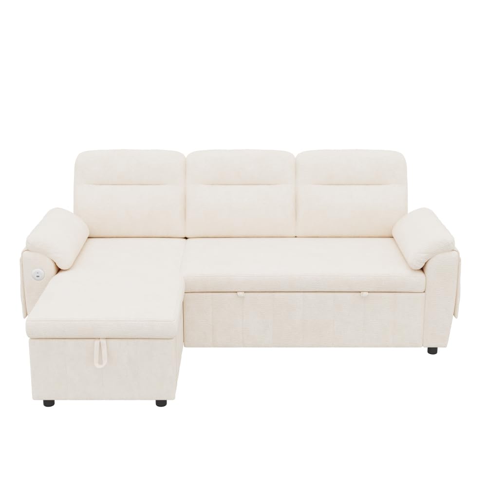 Bladez Sofá cama extensible en forma de L de lino con espacio de almacenamiento, soporte para bebidas, sofá modular de 3 plazas para salón (gris)