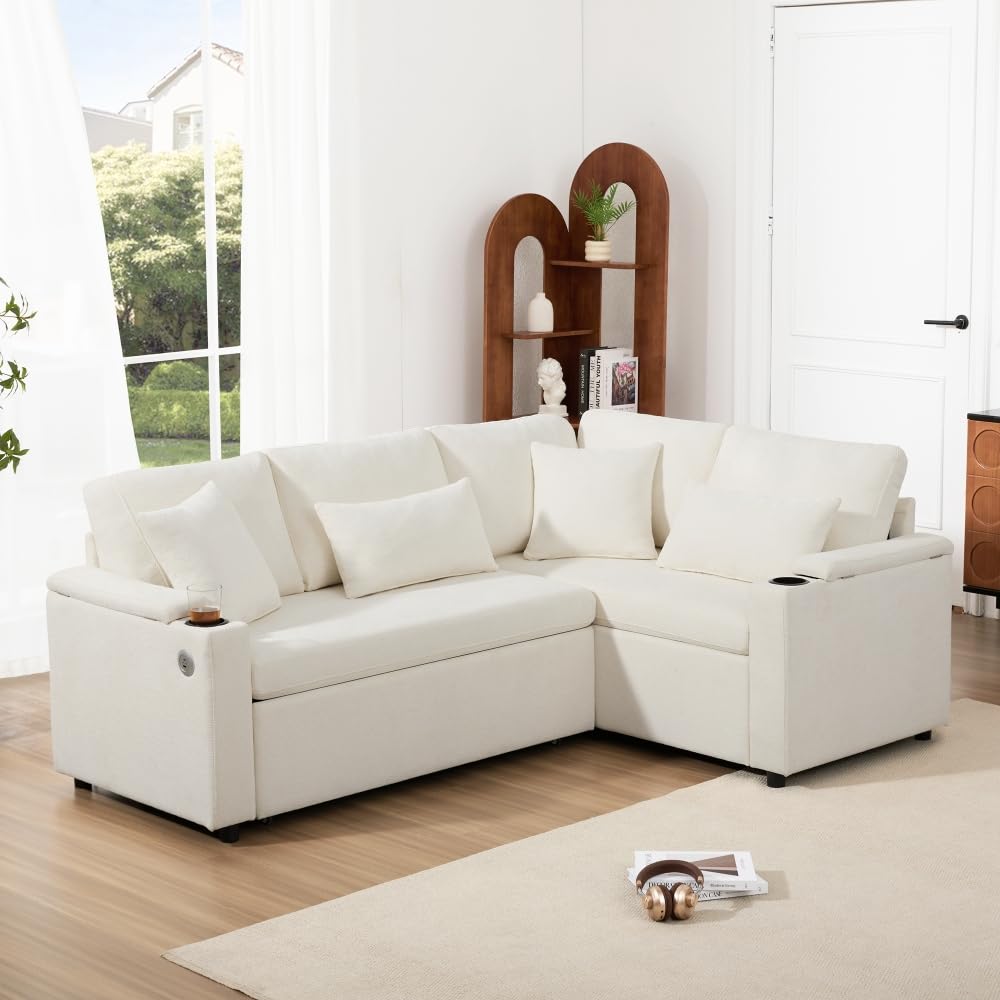 Sofá esquinero extensible en forma de L con puerto USB y portavasos, sofá cama de 4 plazas con función cama, sofá convertible con espacio de almacenamiento y reposabrazos, cojines, chenilla