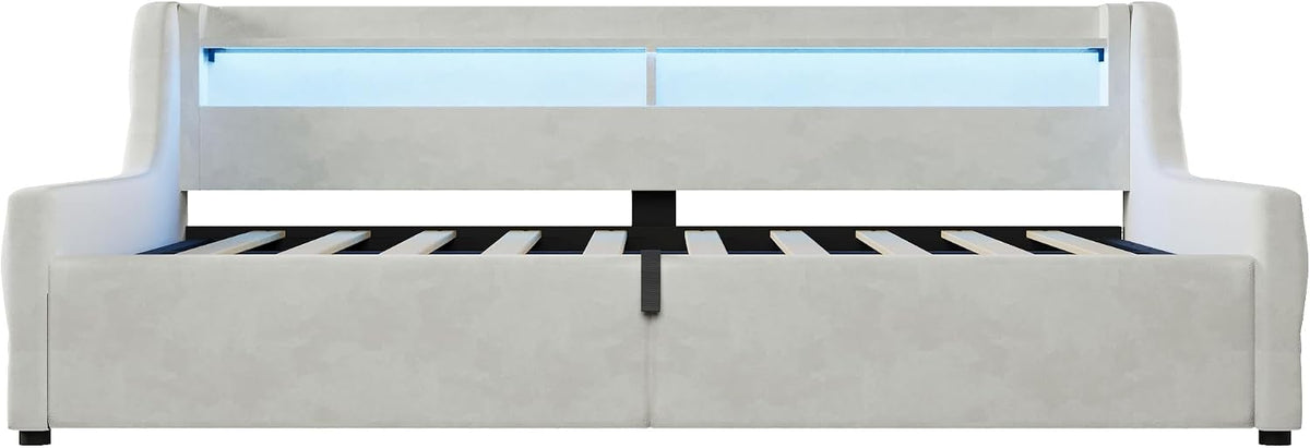Cama con plataforma de terciopelo 90 x 200 cm, con espacio de almacenamiento hidráulico e iluminación LED (color crema, 90 x 200 cm)