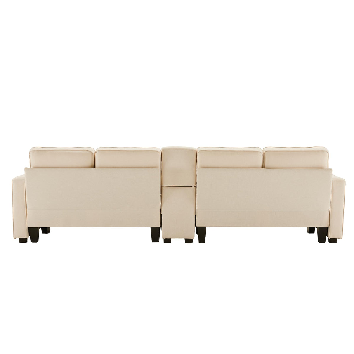 Sofá moderno de 4 plazas, en tejido de lino, soporte para bebidas, 2 puertos de carga USB con cable, bolsillos en reposabrazos y 4 cojines, sofá sencillo para sala de estar
