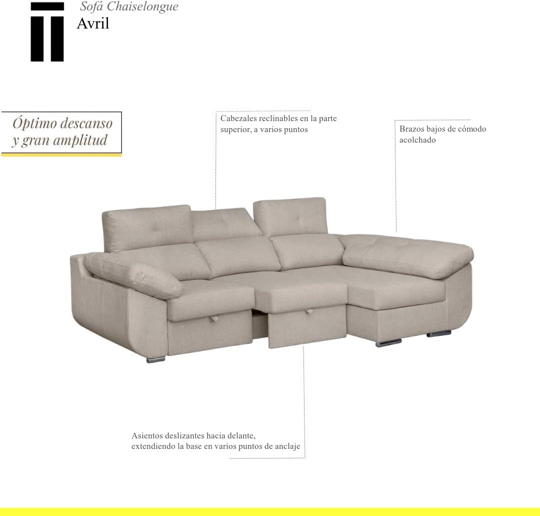SHIITO | Modelo Avril - Sofá 3 Plazas Derecha con Chaiselongue y Asientos Deslizantes | Diseño Moderno y Sofisticado | 280 x 150 x 100 cm - Color Marfil