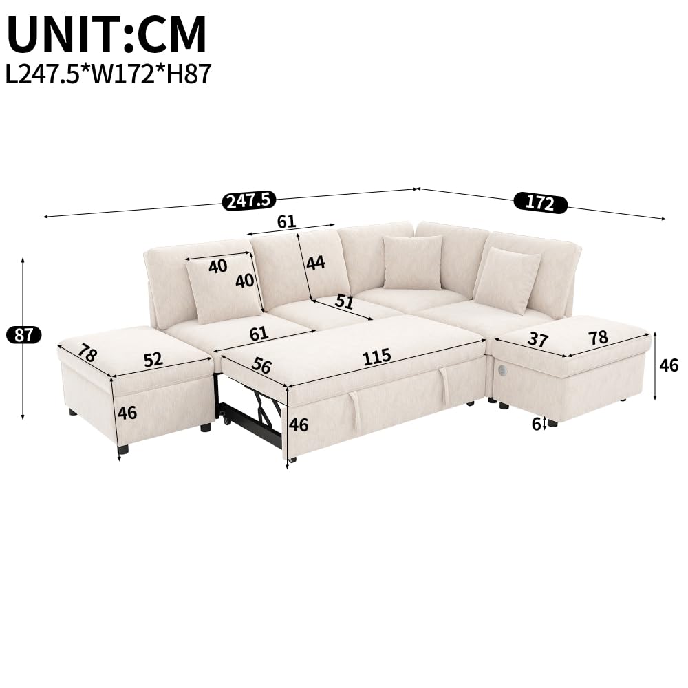 Sapgaks Sofá de esquina convertible de 6 plazas con USB, sofá convertible de 6 plazas, sofá de 6 plazas, en chenilla, con apoyabrazos en forma de librería, puf extraíble para configuraciones en L y en