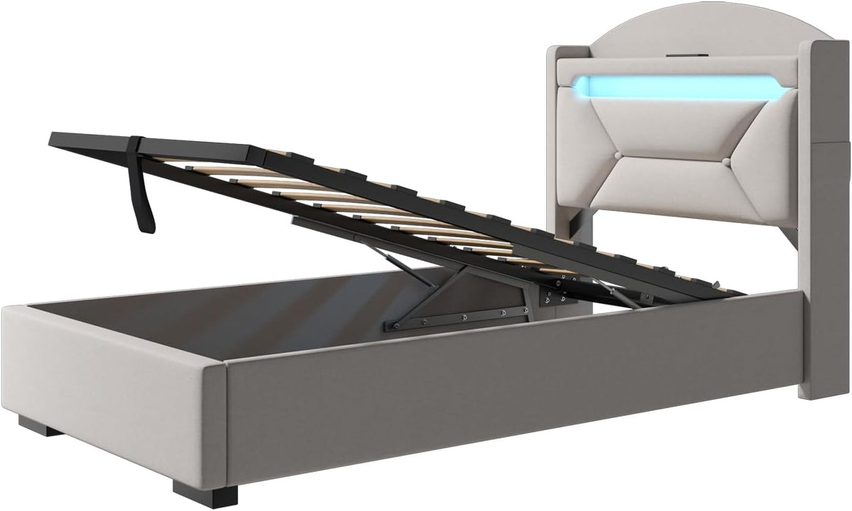 Cama 90x200 cm con Almacenamiento, Cama Individual con LED, Puertos USB y Type-C, Somier 90x200 Hidráulico, Camas Juveniles Camas Infantiles con Cabecero, Lino, Beige, Colchón No Incluido