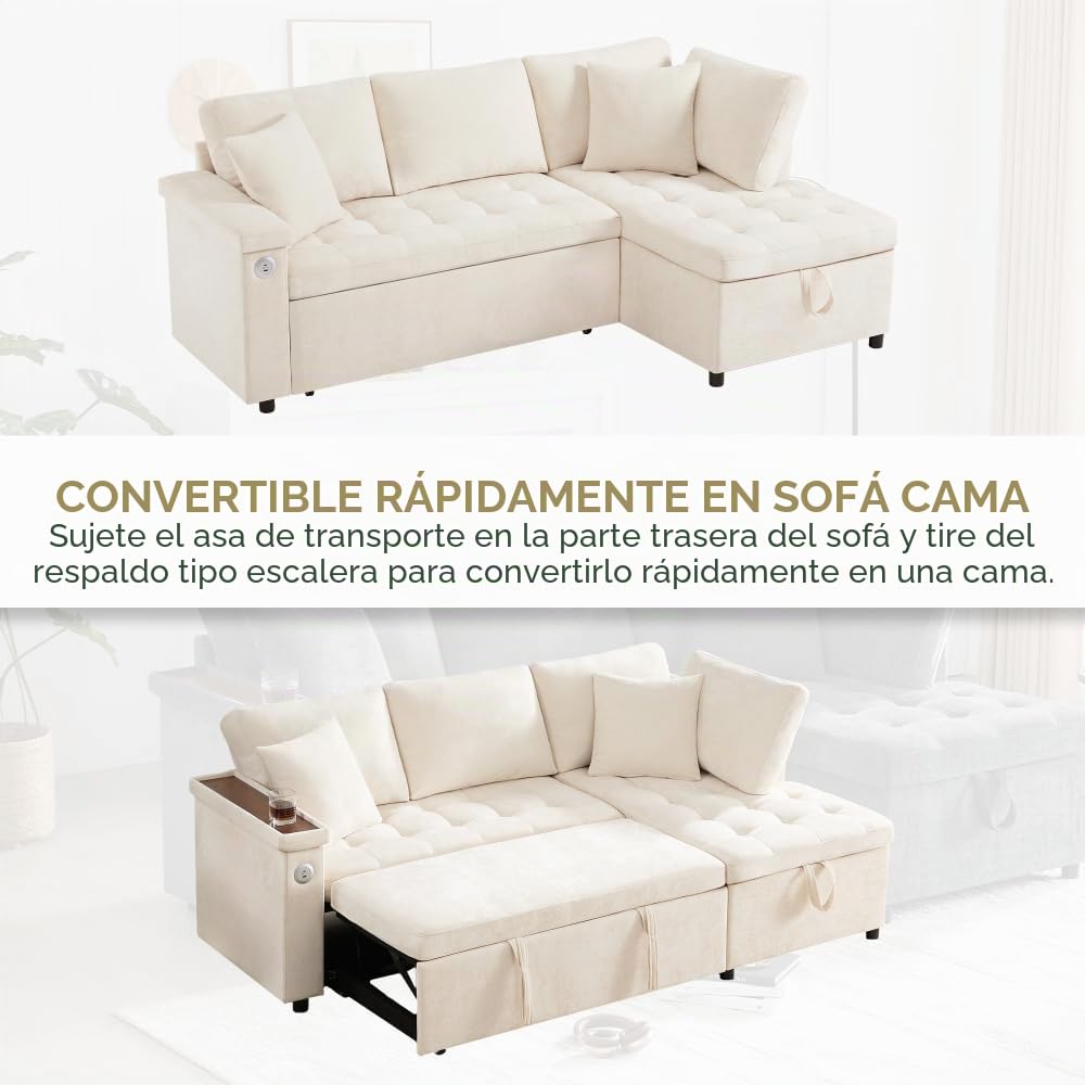 Sofá esquinero extensible en forma de L con puerto USB y portavasos, sofá cama de 4 plazas con función cama, sofá convertible con espacio de almacenamiento y reposabrazos, cojines, chenilla