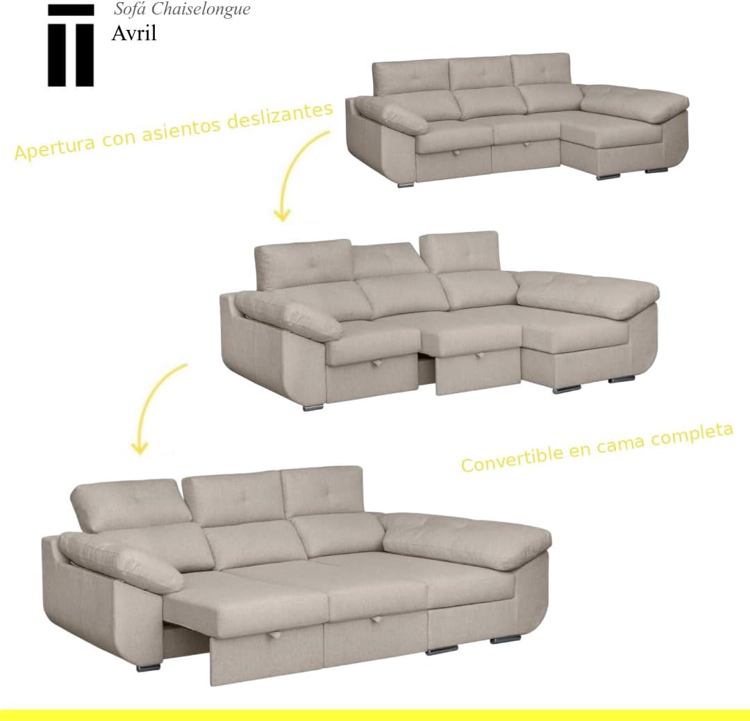 SHIITO | Modelo Avril - Sofá 3 Plazas Derecha con Chaiselongue y Asientos Deslizantes | Diseño Moderno y Sofisticado | 280 x 150 x 100 cm - Color Marfil