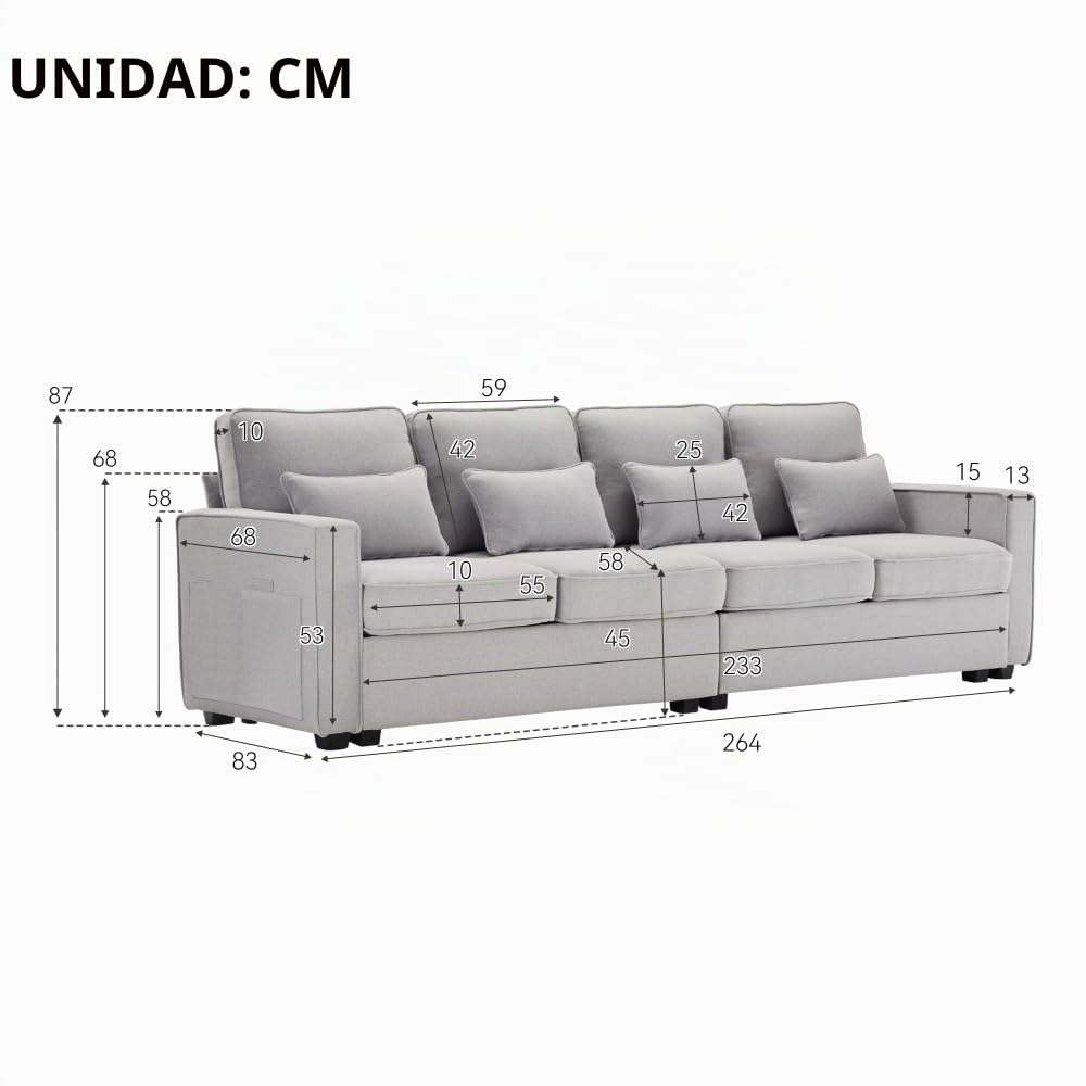 Lubvtti Sofá moderno de 4 plazas con bolsillos para reposabrazos y 4 cojines, con consola, 2 portavasos y 2 enchufes USB, de lino, adecuado para muchas ocasiones (Dark Gris+USB)
