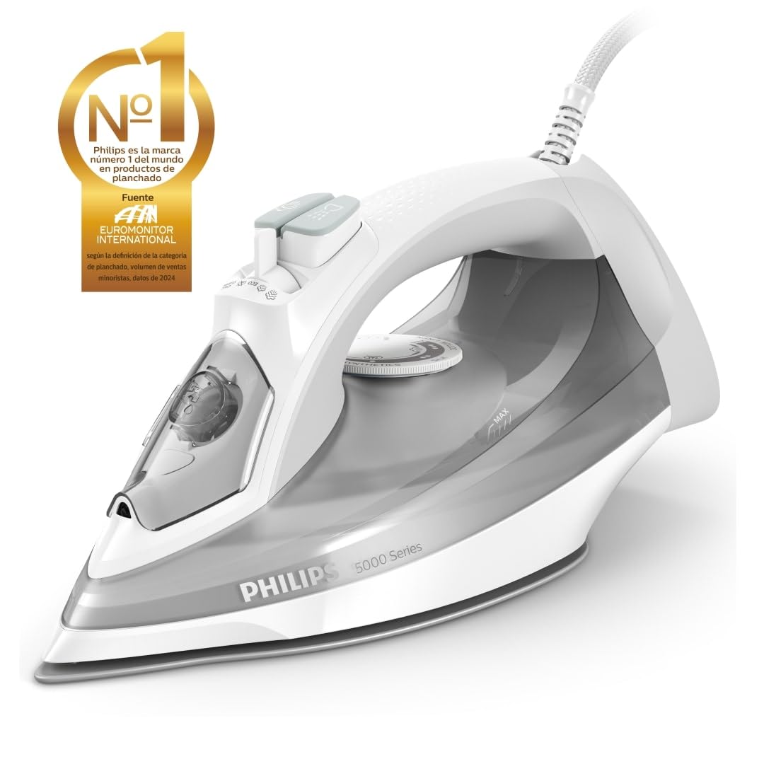 Philips Serie 5000 Plancha de Vapor, 2400W de Potencia, 45g/min, Golpe de Vapor 180g, Vapor Vertical, Suela SteamGlide Plus, Negro/Púrpura (DST5030/80)