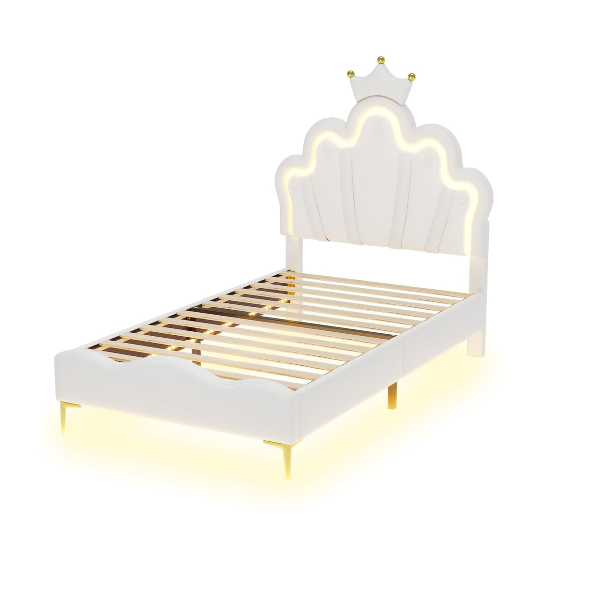 LIVLUX Cama Tapizada 90 x 200 cm, Cama Princesa con Cabezal LED Ajustable y Somier de Lamillas, Cama para Niña, Diseño en Forma de Corona para Niños y Adolescentes (Rosa, 90 x 200 cm)