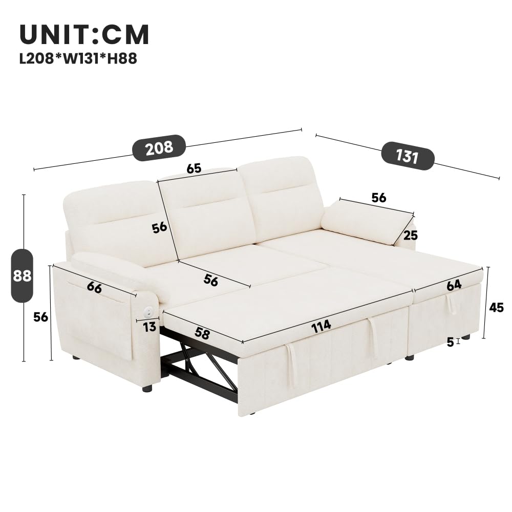 Bladez Sofá cama extensible en forma de L de lino con espacio de almacenamiento, soporte para bebidas, sofá modular de 3 plazas para salón (gris)