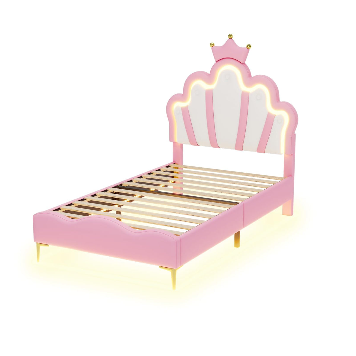 LIVLUX Cama Tapizada 90 x 200 cm, Cama Princesa con Cabezal LED Ajustable y Somier de Lamillas, Cama para Niña, Diseño en Forma de Corona para Niños y Adolescentes (Rosa, 90 x 200 cm)